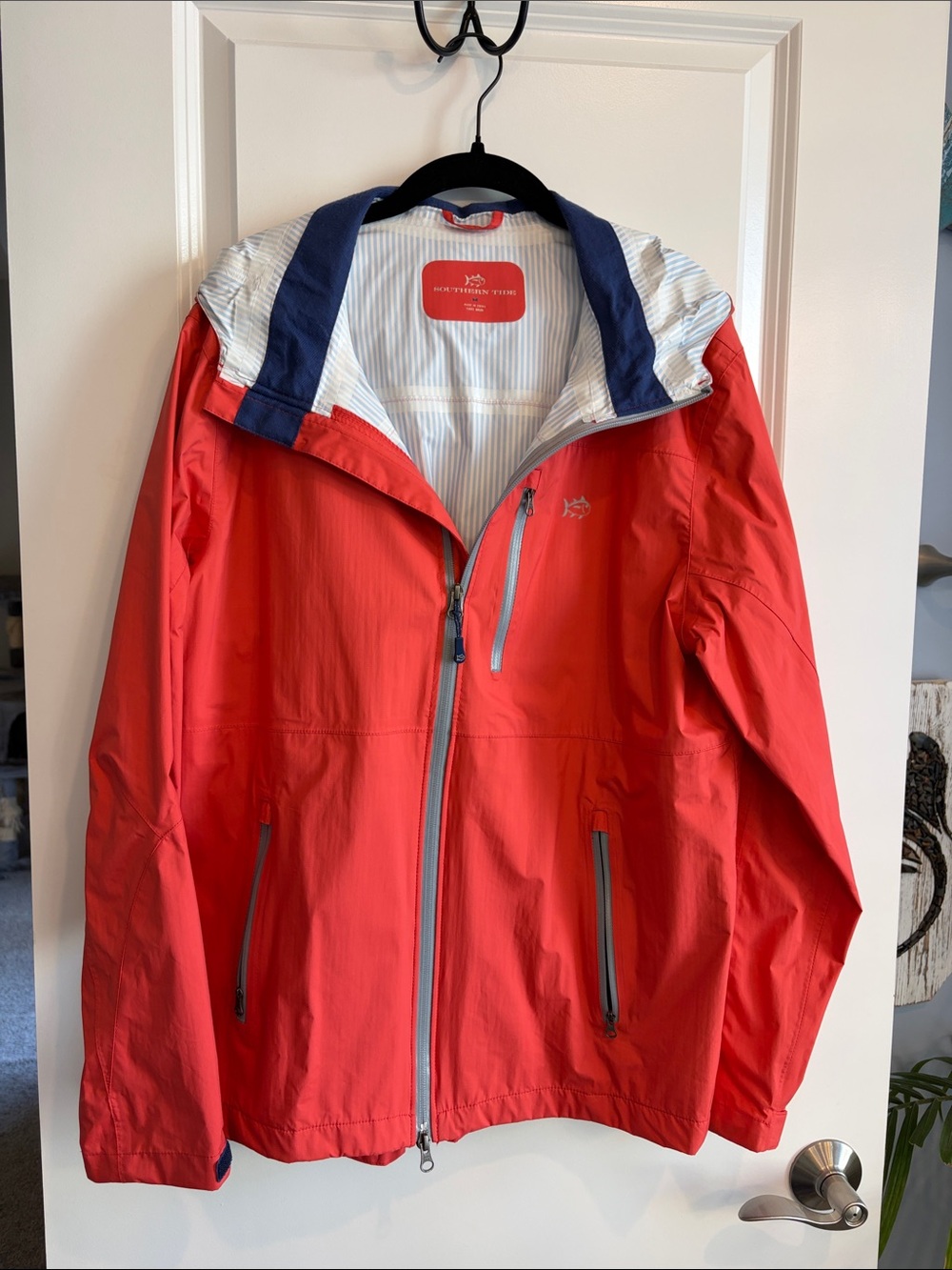 Southern Tide Salmon Hooded Rain Jacket with Seersucker Striped Lining